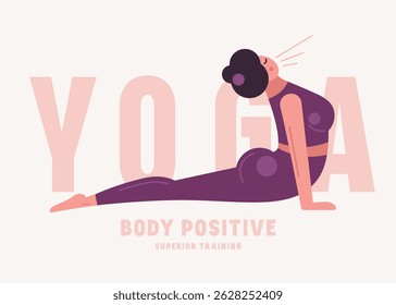 Illustration of body positive woman doing yoga. Stylized flat graphic style for your design. Color print on white background