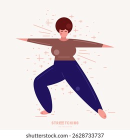 Ilustração da mulher positiva do corpo fazendo alongamento. Estilo gráfico plano estilizado para o seu design. Impressão colorida no plano de fundo claro