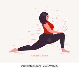 Illustration of body positive woman doing stretching. Stylized flat graphic style for your design. Color print on white background