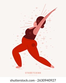 Illustration of body positive woman doing stretching. Stylized flat graphic style for your design. Color print on light background