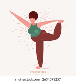 Illustration of body positive woman doing stretching. Stylized flat graphic style for your design. Color print on light background