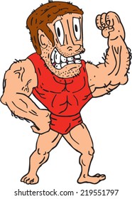 Illustration of a bodybuilder flexing muscles viewed from front  on isolated background done in cartoon style.