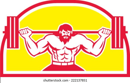 Illustration of a bodybuilder lifting barbell viewed from the front set inside half circle on isolated background done in retro style. 