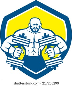 Illustration of a bodybuilder lifting dumbbell flexing muscles viewed from front set inside shield crest on isolated background done in retro style.