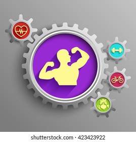 Illustration of a bodybuilder set inside sprocket gear cog on isolated purple background.vector
