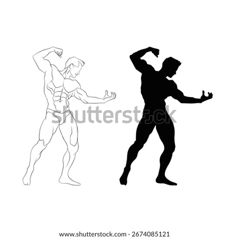 An illustration of bodybuilder, A vector silhouette of muscles builder, An element for creating gym branding