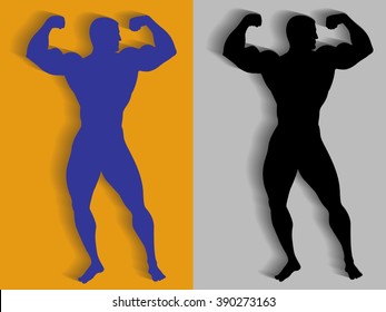 illustration of bodybuilder, vector silhouette with shadow 
