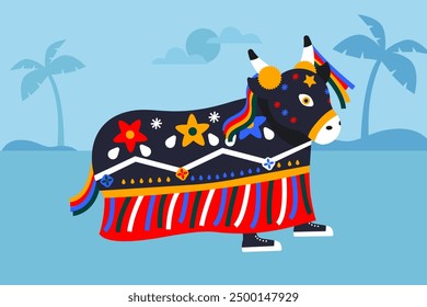 Illustration of "Boi Bumbá," a folklore ox from the Parintins festival in Brazil, highlighting the rivalry between "Caprichoso" and "Garantido."