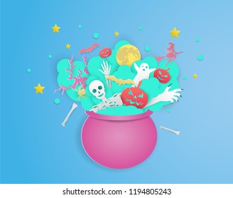 illustration of boil water art with decoration halloween paper cut art style.