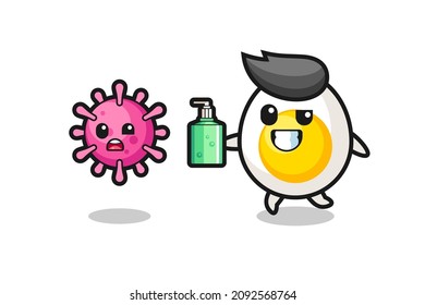 ilustración del personaje del huevo hervido persiguiendo el virus malvado con el sanitizador de manos , diseño de estilo lindo para camiseta, pegatina, elemento logo