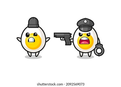 ilustración del ladrón de huevos cocidos con la pose de las manos arriba pillada por la policía, diseño de estilo lindo para camiseta, pegatina, elemento logo