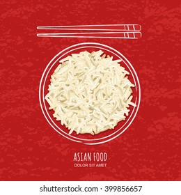 Illustration of boiled white rice in watercolor sketchy dish and chopsticks on grunge red background. Top view.  Vector design for asian restaurant menu, cafe, thai, japanese cuisine. 