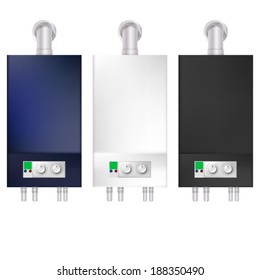 Illustration of boilers. Blue, white and black boilers with switches and tubing. Three isolated vector illustrations on white.