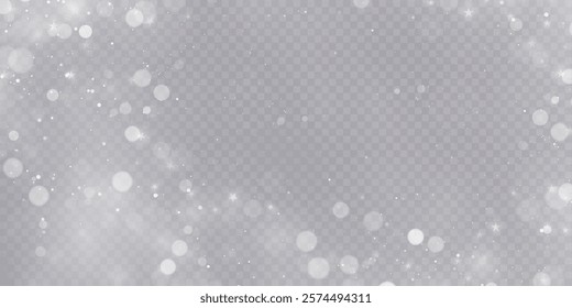 Illustration of bokeh dust effect and glitter. Christmas glowing bokeh and glitter overlay texture for your background, design on transparent background. Golden particles abstract vector background.