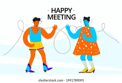 Illustration in bold colors of girl and boy are happy meeting and giving high five. Cartoon flat style illustration boy and girl. Young couple have fun and happy to meet. Isolated character people