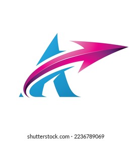 Illustration of Bold Curvy Blue Letter A with a Glossy Magenta Arrow isolated on a White Background