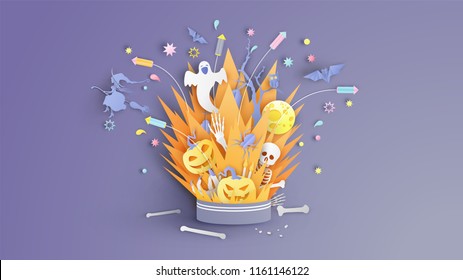 Illustration of bonfire art with decorations in Halloween. Graphic design for Halloween festival. Greeting card for celebration on Halloween. Cute Halloween. paper cut and craft style. vector. eps10