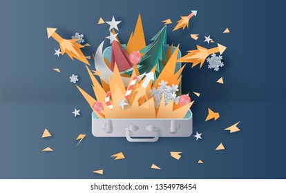 illustration of bonfire and fireworks art decorations in christmas with suitcase concept. Creative design paper cut and craft for travel holiday winter season party.graphic idea vacation vector.