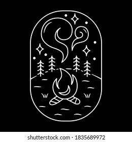 Illustration of bonfire in forest with white outline. Line art of bonfire in forest with isolated oval shape. Illustration design for apparel products, mugs and wall posters