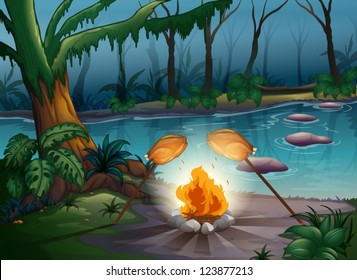 Illustration of a bonfire and grilled chickens in a scary jungle