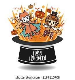 Illustration of bonfire magician hat with decorations in Halloween. Graphic design for halloween festival. Greeting card for celebration on Halloween. Cute object for halloween.