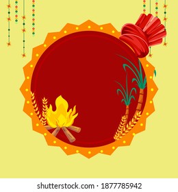 Illustration Of Bonfire With Wheat Ears, Sugarcane, Turban And Red Empty Circular Frame On Yellow Background.