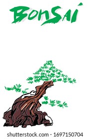 Illustration of 
Bonsai drawing with brush and ink. Miniature tree scale  Japan garden.