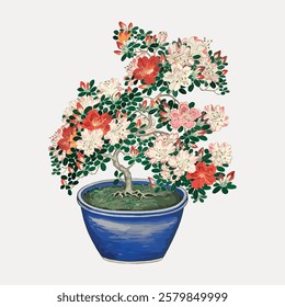 Illustration of a bonsai tree in a blue pot. The bonsai features red and white flowers, green leaves. Decorative artistic  floral bonsai design. Vintage flower illustration, vector.