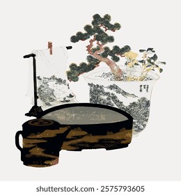 Illustration of bonsai tree, traditional pot, and decorative items. Bonsai and pot art, bonsai tree and pot design, bonsai and pot decor. Vintage style art drawing, isolated vector element.