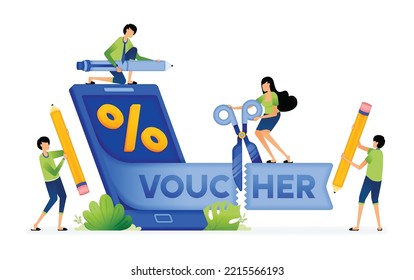 Illustration of bonus and promotion apps with percent discount sign. People cut the words of voucher coming out of apps. Designed for website, landing page, flyer, banner, brochure, startup company