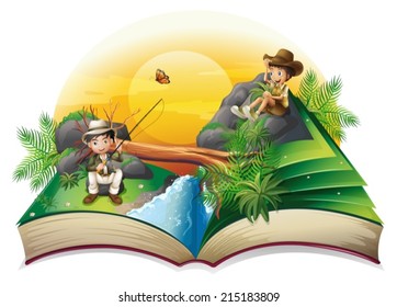 Illustration of a book about two explorers on a white background