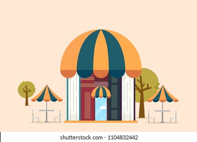 Illustration of a Book Cafe or Store with Trees and Dining Table Outdoors