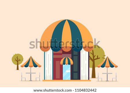Illustration of a Book Cafe or Store with Trees and Dining Table Outdoors