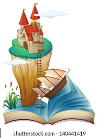 Illustration of a book with a castle at the top of a cliff on a white background