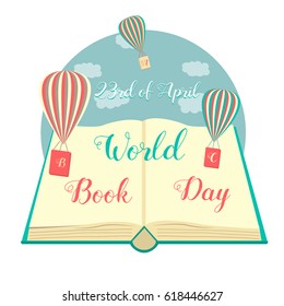 Illustration of the book with colorful balloons for the World Book Day.