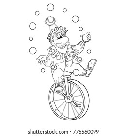 Illustration for book coloring book. A cheerful clown rides on a single-wheeled circus bike and juggles with balls. Circus. Funny vector children's characters in cartoon style.