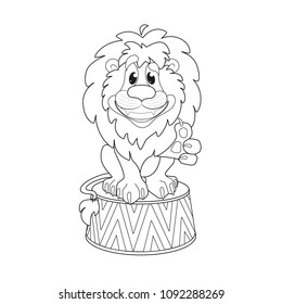 Illustration for book coloring book. The trained lion sits on a circus stand, smiling. Wild animals in the circus. Vector.
