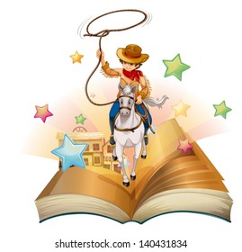 Illustration of a book with a cowboy holding a rope on a white background