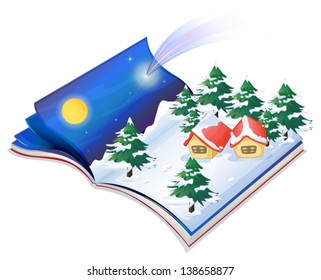 Illustration of a book with a drawing of a snowy night on a white background