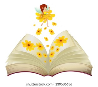 Illustration of a book with a fairy and flowers on a white bckground