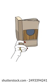 Illustration of a book held in a woman's hand with a ring and red nail polish