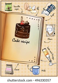 Illustration for the book. Illustrated cake recipe. The book with the ingredients.
