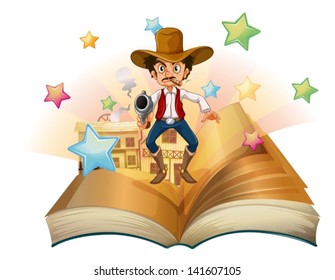 Illustration eines Buches mit einem Bild eines bewaffneten Mannes auf weißem Hintergrund