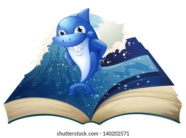 Illustration of a book with an image of a big smiling shark on a white background