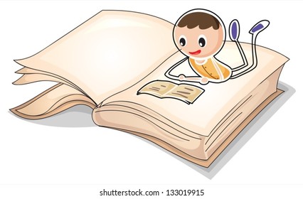 Illustration of a book with an image of a boy reading on a white background