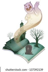 Illustration of a book with an image of a graveyard on a white background