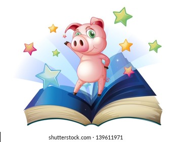 Ilustración de un libro con una imagen de un cerdo bailando sobre un fondo blanco