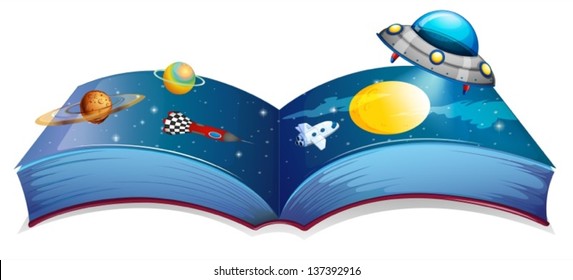 Illustration of a book with an image of a spaceship and planets on a white background