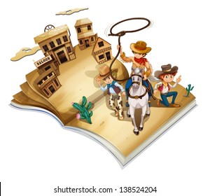 Illustration of a book with an image of three cowboys on a white background