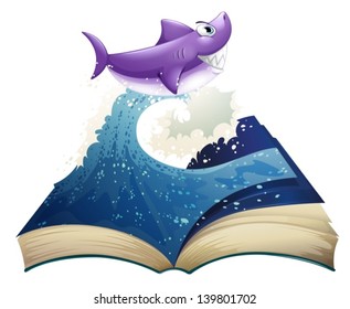 Illustration of a book with an image of a wave and a shark on a white background